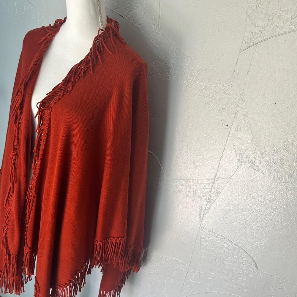 Boho Fringed Open-Front Shawl Wrap – Rust Orange - Picture 7 of 9